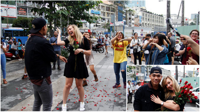 Chàng trai Việt nhảy cầu hôn bạn gái Tây hơn 7 tuổi giữa Sài Gòn