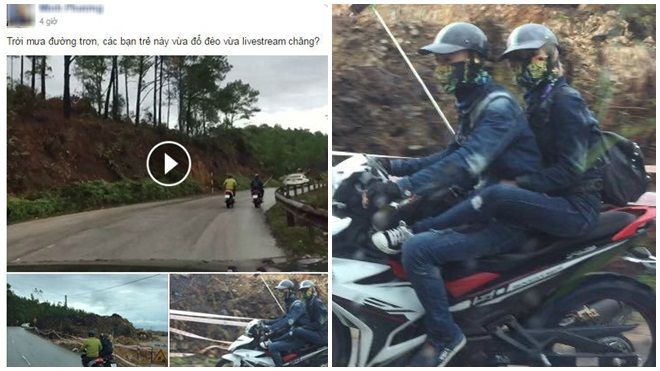 Clip nhóm bạn trẻ vừa livestream vừa đổ đèo trong khi trời mưa, đường trơn