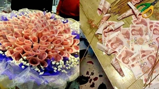 Chàng trai gây choáng khi tặng bạn gái bó hoa làm bằng tiền