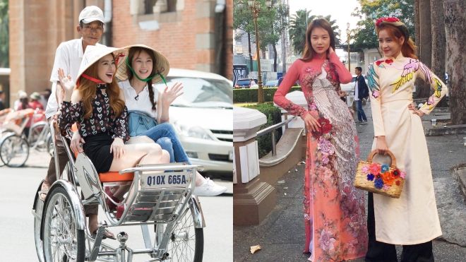 Chi Pu đội nón lá, ngồi xích lô dạo phố Sài Gòn cùng Á hậu Hàn Quốc