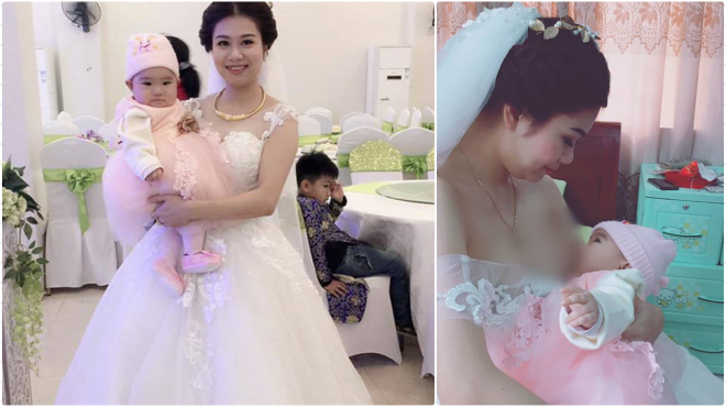 Hình ảnh cô dâu vén váy cho con bú ngay trong ngày cưới gây xôn xao cộng đồng mạng