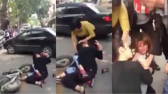 Va chạm giao thông nhẹ, hai thiếu nữ hung hăng lao vào đánh nhau đổ máu giữa đường