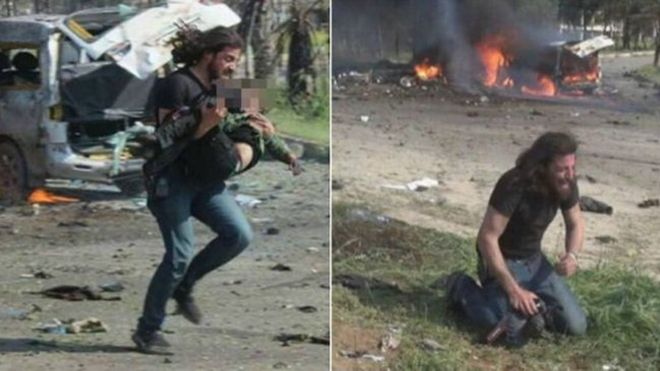 ​Nhà báo quì khóc nức nở bên xác em bé chết vì bom