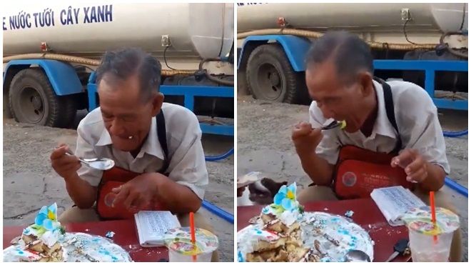 Clip: Xót xa hình ảnh cụ ông bán vé số ngồi ăn chiếc bánh sinh nhật bị bỏ thừa