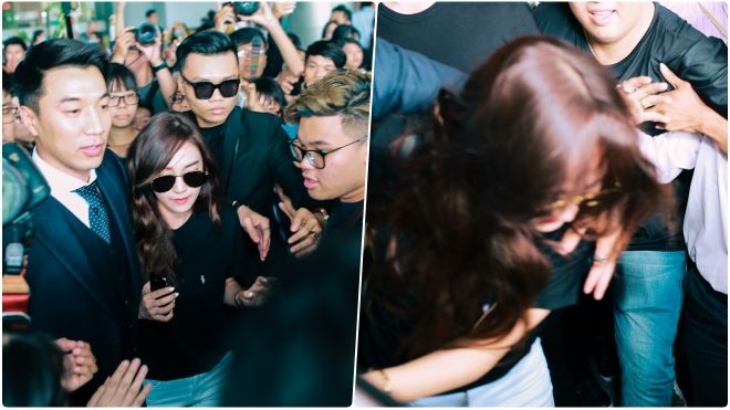 Fan chen lấn dữ dội, Jessica bị xô đẩy mạnh vào xe hơi