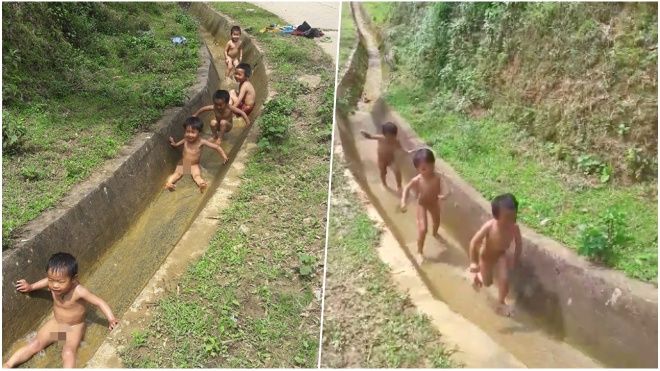 'Công viên nước' của những đứa trẻ vùng cao chỉ đơn giản là cái mương nước bé tí như thế này thôi!