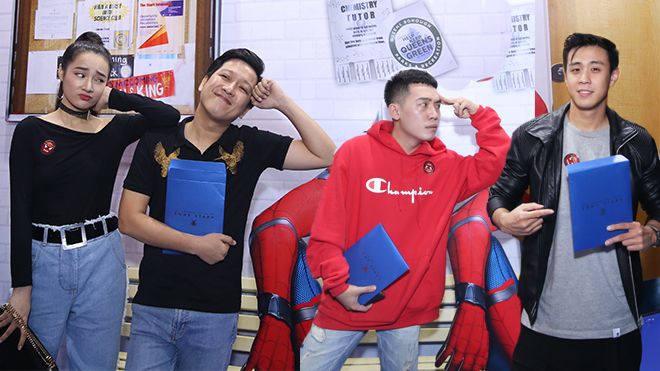 Trường Giang, Nhã Phương vượt mưa gió đến 'gặp' Siêu Nhện teen