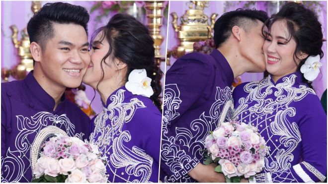 Lê Phương cười tít mắt, ôm hôn 'ông xã' Trung Kiên trong lễ vu quy