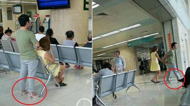 Sợ bạn gái mỏi chân, chàng trai chấp nhận mang luôn giày cao gót màu hồng