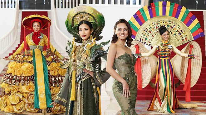Hoàng Thùy, Huỳnh Tiên diện quốc phục nặng nề 'tranh đấu' ở Hoa hậu Hoàn vũ