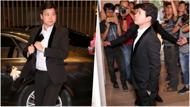 Chú rể Trung Tín diện vest bảnh bao, được an ninh bảo vệ chặt chẽ