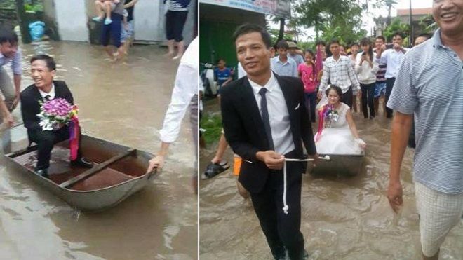 Dân làng hò reo khi xem đám cưới 'em gái mưa' với màn rước dâu bằng xuồng