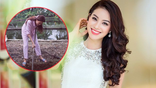 Phạm Hương lại ghi điểm với hình ảnh giản dị diện đồ bộ cuốc đất ở quê nhà