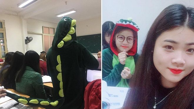 Nữ sinh quá đáng yêu khi diện đồ 'khủng long xanh' đến lớp ngày lạnh