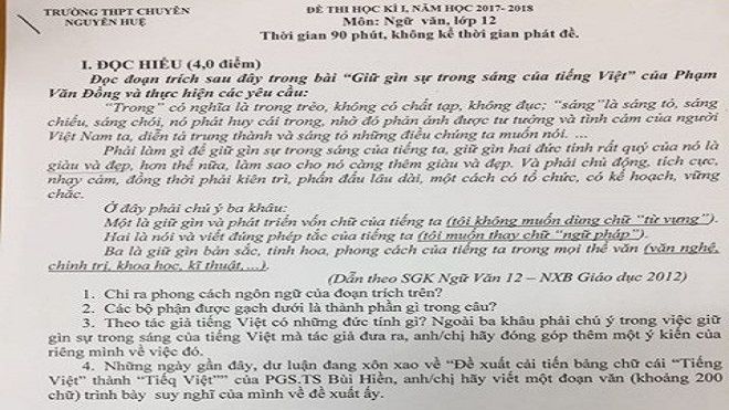 Đề xuất 'Tiếng Việt' thành 'Tiếq Việt' vào đề thi Văn trường chuyên