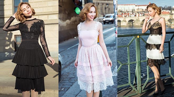 Quỳnh Thư diện đầm ren mỏng khoe dáng sexy giữa trời Tây lạnh giá