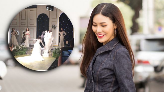 Lan Khuê ghi điểm khi chủ động chỉnh váy cho Kỳ Duyên trên sàn diễn