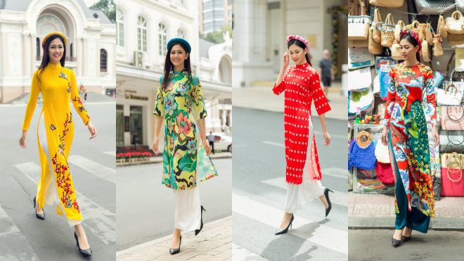 Á hậu Thanh Tú diện áo dài hoạ tiết làm sáng bừng một góc phố