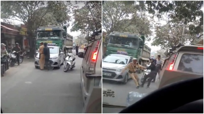 Hai đối tượng lao vào kéo CSGT để xe tải vi phạm bỏ chạy