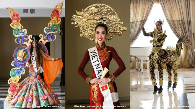 Tường Linh diện quốc phục với 5 con rồng bay lượn trên nền gấm