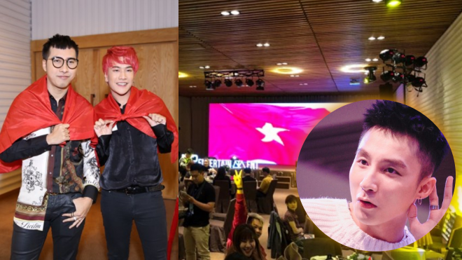 Only C và Lou Hoàng mang cờ Việt Nam mừng chiến thắng U23 trong party của Sơn Tùng