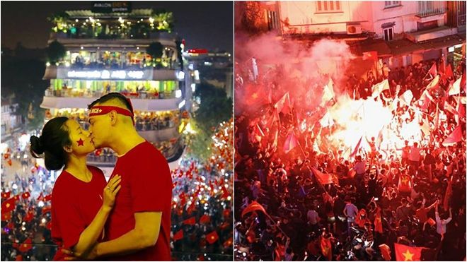 Mừng chiến thắng huyền thoại của U23 Việt Nam, pháo sáng rực trời trên bờ hồ Hoàn Kiếm