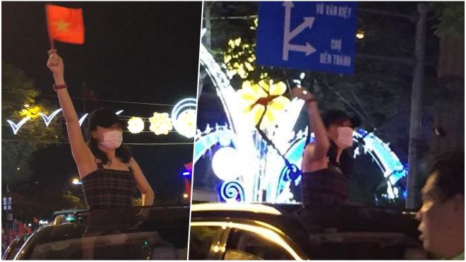 Mỹ Tâm che khẩu trang, xuống đường 'đi bão' ăn mừng chiến thắng U23 Việt Nam