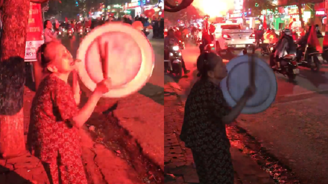 Cụ bà tóc bạc, lưng còng cầm mâm gõ tưng bừng mừng chiến thắng của U23 Việt Nam