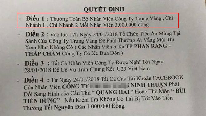 Giám đốc chơi lớn: Thưởng ngay 3 triệu cho mỗi nhân viên, yêu cầu để ảnh Facebook là Quang Hải, Tiến Dũng