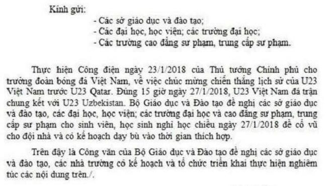 'Công văn' của Bộ GD-ĐT cho học sinh, sinh viên nghỉ học xem chung kết U23 là giả mạo