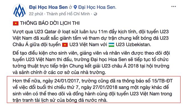 ĐH Hoa Sen huỷ lịch thi chiều thứ 7 để sinh viên tập trung cổ vũ U23 Việt Nam đá chung kết!