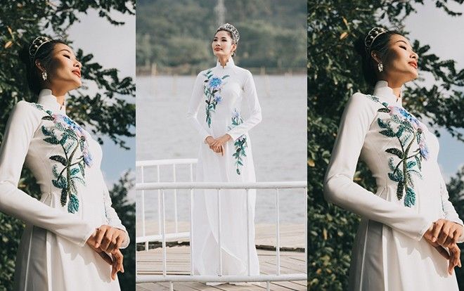 Hoàng Thùy diện áo dài trắng, khoe dáng mảnh mai chụp ảnh ở quê nhà