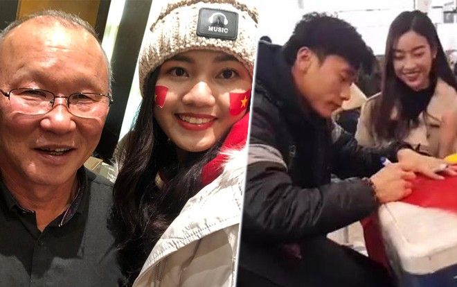 Đỗ Mỹ Linh hào hứng xin chữ ký thủ môn Bùi Tiến Dũng, Thanh Tú gặp gỡ HLV Park Hang-seo tại Trung Quốc