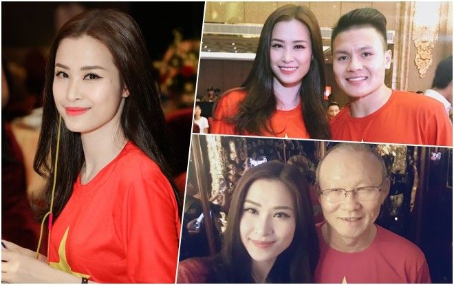 Diện áo cờ đỏ sao vàng giản dị, Đông Nhi hào hứng hội ngộ HLV Park Hang Seo và cầu thủ Quang Hải