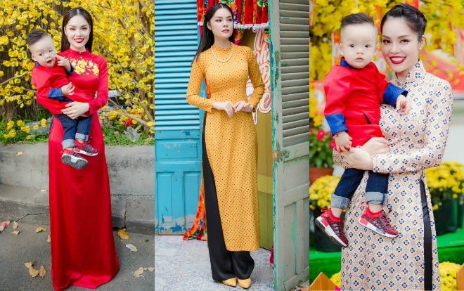 'Bỏ quên' ông xã, mẹ con diễn viên Dương Cẩm Lynh xúng xính diện áo dài đón Tết