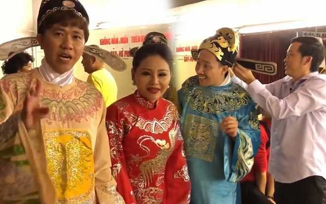 Hoài Linh ân cần chỉnh trang phục cho Trấn Thành trong hậu trường Táo Quân cùng Lê Giang