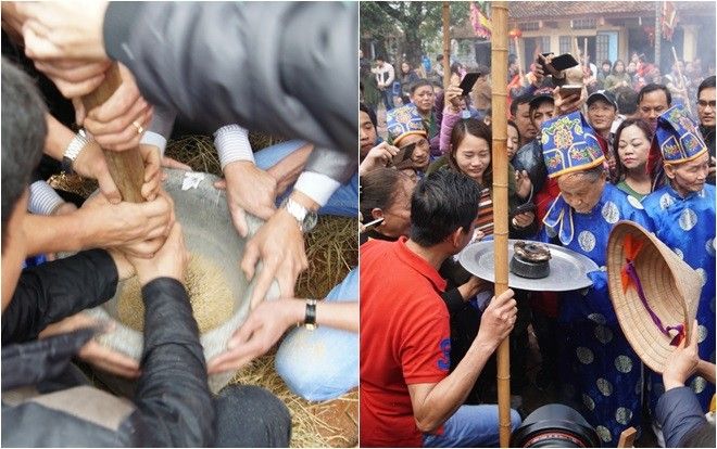 Thanh niên trai tráng thi nhau giã gạo, đốt lửa thổi cơm giữa sân đình