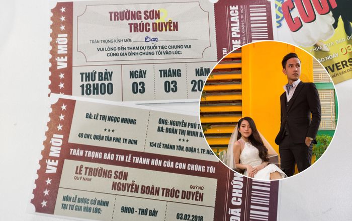Thiệp cưới độc đáo của chàng đạo diễn 9X: Lấy cảm hứng từ vé xem phim, bìa là poster 'Ra Tết cưới vợ'