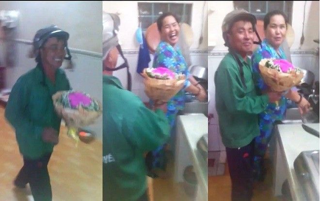 Clip người đàn ông trung tuổi ôm bó hoa hồng về tặng vợ nhân dịp 8/3 khiến nhiều người ghen tị