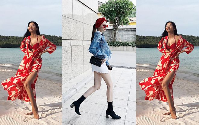 Hoàng Thuỳ thả dáng với bikini đỏ rực, Thiều Bảo Trang diện váy cũn cỡn khoe chân dài