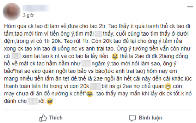 Cô vợ khoe trộm hết tiền trong ví chồng, tưởng ai cũng ghen tị vì được chiều không ngờ bị chửi 'sấp mặt'