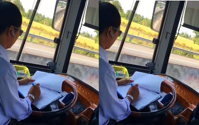 Đình chỉ tài xế vừa lái xe vừa ghi chép sổ sách khi đang lưu thông với tốc độ cao