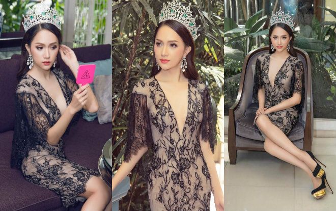 Hoa hậu Hương Giang sử dụng 'vũ khí' đầm xuyên thấu khoét ngực để 'lấn át' á hậu chuyển giới tại sự kiện