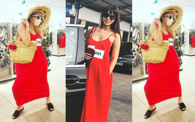 Diệu Nhi mặc lại 'đầm bầu' đỏ chói 550k của Hà Anh tạo dáng khó đỡ