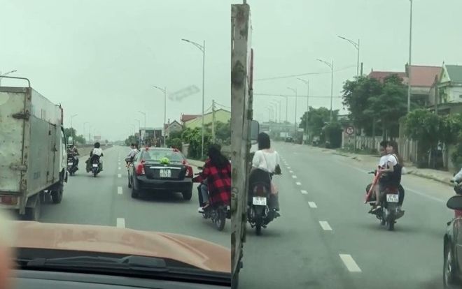 Đi đón dâu, nhóm thanh niên chạy xe máy đầu trần dàn hàng ngang trên Quốc lộ