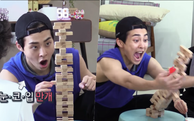 Chơi rút gỗ thôi mà, Xiumin (EXO) có cần 'căng cực' như thế này không