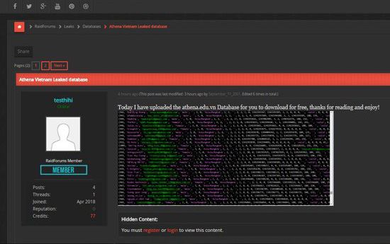 Sau VNG, đến lượt Trung tâm An ninh mạng Athena bị hack và chia sẻ dữ liệu lên diễn đàn Raidforums.com