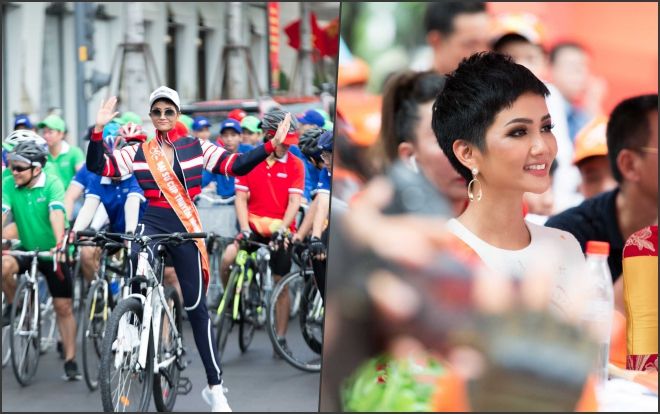 Hoa hậu H'Hen Niê mang xe đạp cá nhân chạy đua cùng các bạn trẻ nhân dịp 30/4