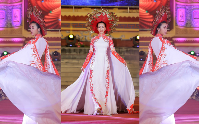 Đỗ Mỹ Linh diện áo dài 5 mét làm vedette giữa dàn chân dài tại Festival Huế 2018