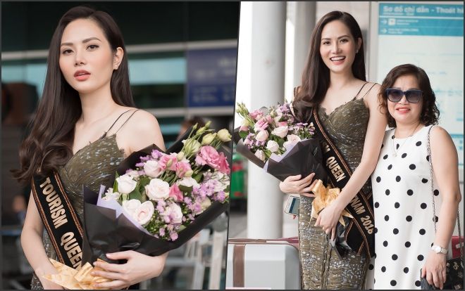 Diệu Linh đẹp rạng rỡ, được mẹ 'hộ tống' ra sân bay lên đường dự thi Nữ hoàng Du lịch Quốc tế 2018